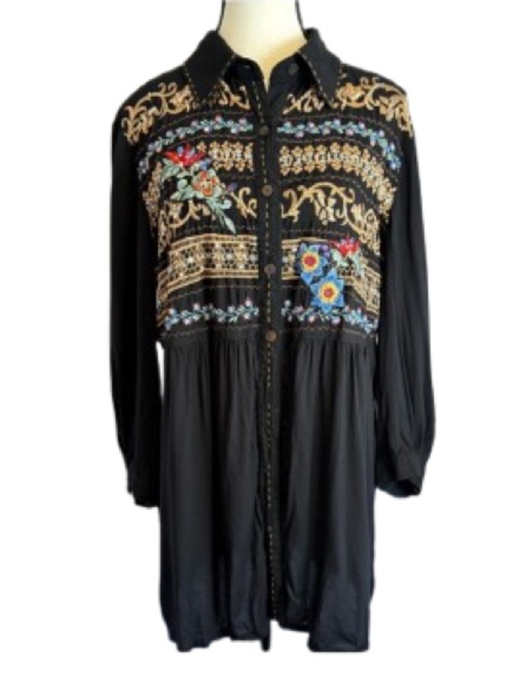 Embroidered Floral Tunic Blouse Black Boho Festival Cottage Buttons Flowy L - Picture 2 of 9